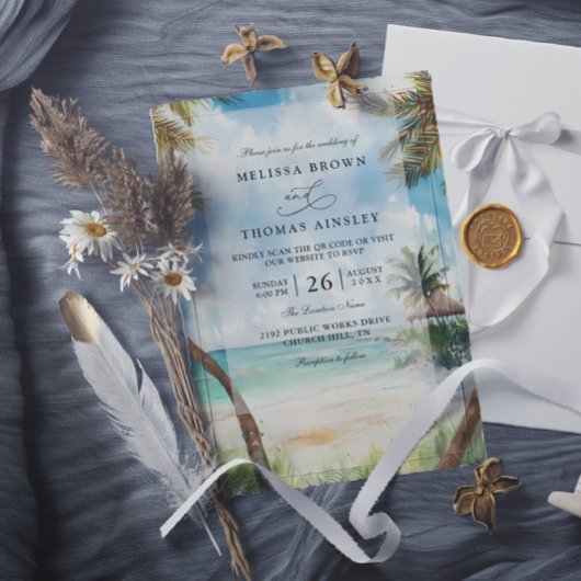 Watercolor Tulum Tropical Beach QR Code Wedding Einladung