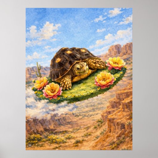 Watercolor Turtle flying on a magic cactus pad Poster (Vorne)