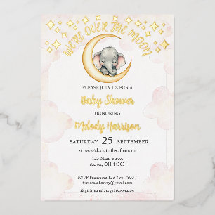 Watercolor Über den Mond Elefant Baby Shower Folieneinladung