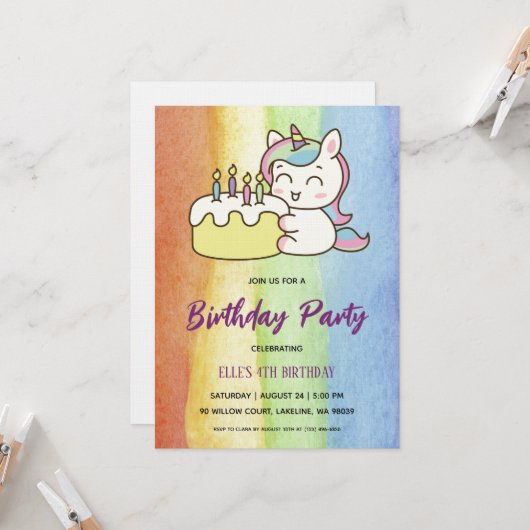 watercolor unicorn rainbow birthday invitation einladung (Vorderseite/Rückseite Beispiel)