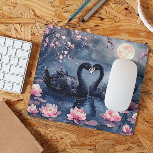 Watercolor Valentine's Day Moon Swan Couple Floral Mousepad