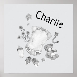 Watercolor Vintage Baby Black and White Nursery Poster