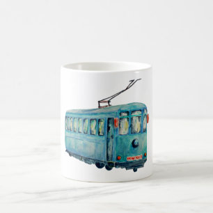 Watercolor-Vintage blaue Laufkatze-Auto-Tasse Kaffeetasse