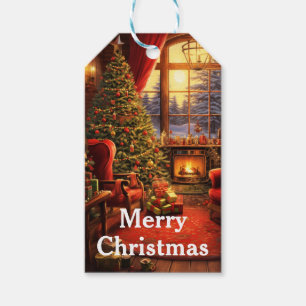 Watercolor Vintage Christmas Räume Szene Geschenkanhänger