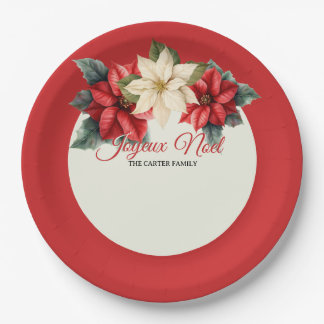 Watercolor Vintage Floral Red Poinsettia Christmas Pappteller