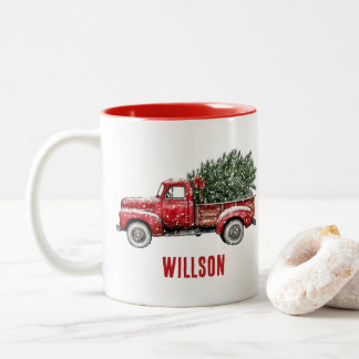 Watercolor-Vintage-Roter-LKW-Weihnachten Zweifarbige Tasse