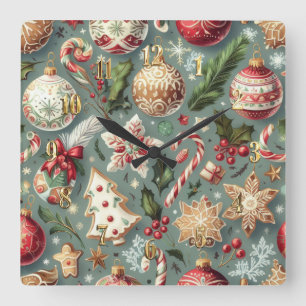 Watercolor Vintage Weihnachtsmotifs Feiertag Quadratische Wanduhr
