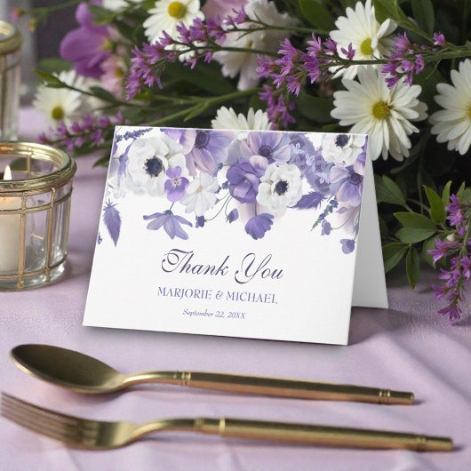 Watercolor Violet Purple Flowers Wedding Dankeskarte