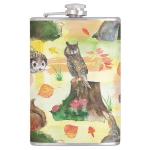Watercolor Wald Kaninchen, Eule, Eichhörnchen, Ige Flachmann