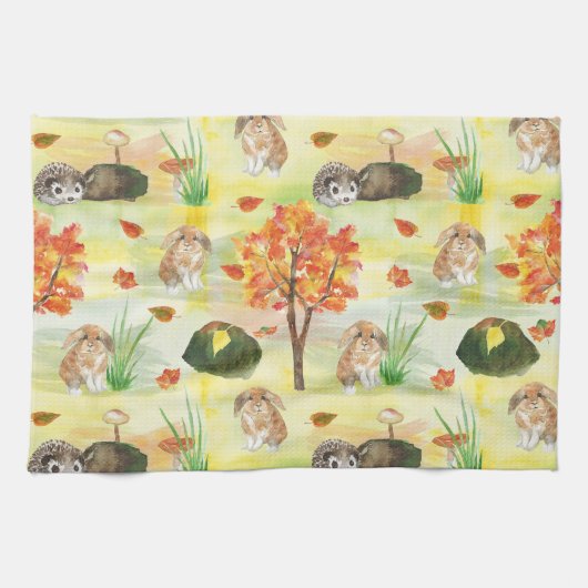 Watercolor Wald Kaninchen, Igel Geschirrtuch (Horizontal)