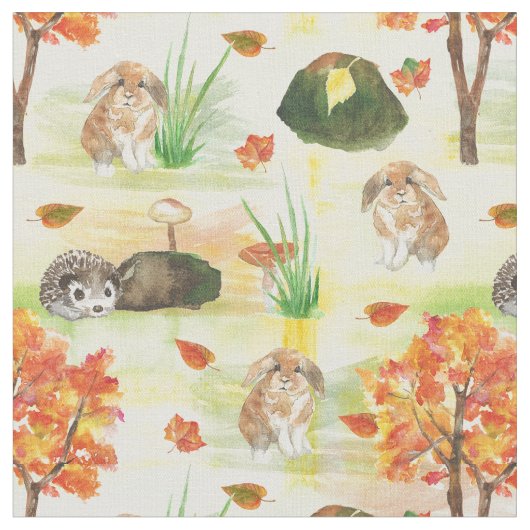 Watercolor Wald Kaninchen, Igel Stoff (Nahaufnahme)