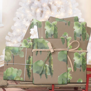Watercolor-Wald mit rustikalen Kraft-Bäumen  Geschenkpapier Set