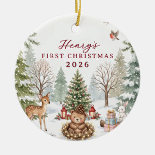 Watercolor-Wald-Weihnachtsgeschichte Baby 1. Weihn Keramik Ornament