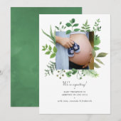 Watercolor Waldland Grüne Foto Schwangerschaft Ankündigung (Vorne/Hinten)