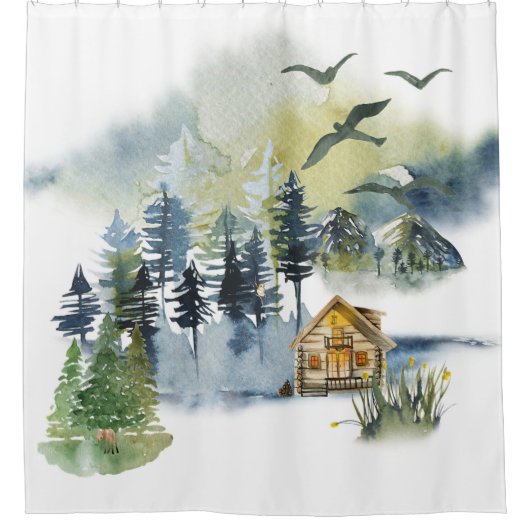 Watercolor-Waldszene Duschvorhang (Vorderseite)