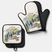 Watercolor-Waldszene Ofenhandschuh & Topflappen-Set (Vorderseite/Rückseite)