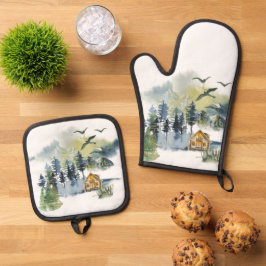 Watercolor-Waldszene Ofenhandschuh & Topflappen-Set