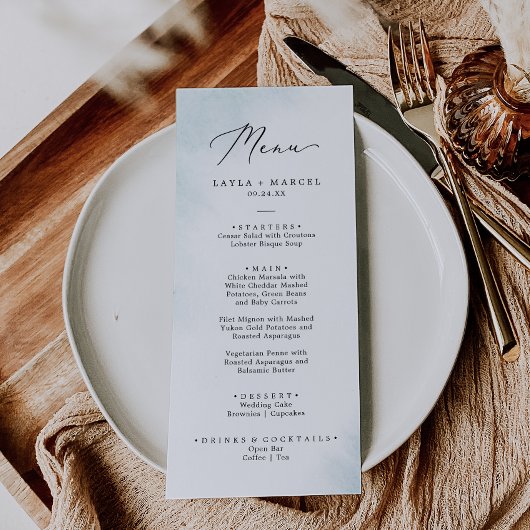 Watercolor Wash | Blue Wedding Dinner Menu Menükarte