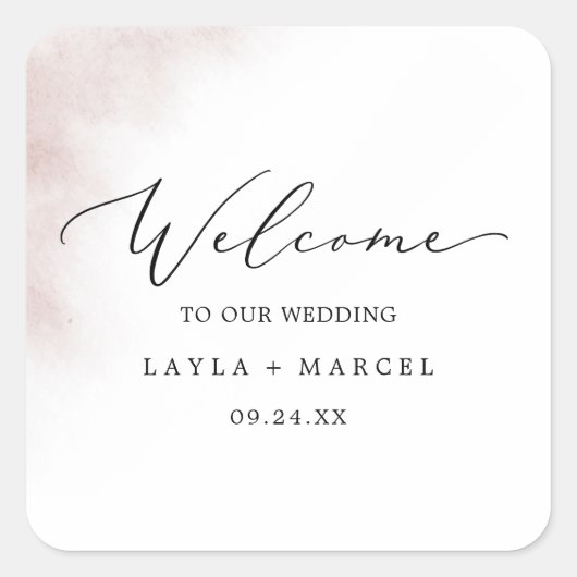 Watercolor Wash | Blush Wedding Welcome Quadratischer Aufkleber (Vorderseite)