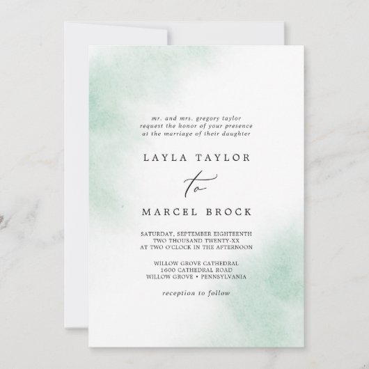 Watercolor Wash | Grüne traditionelle Hochzeit Einladung (Vorderseite)