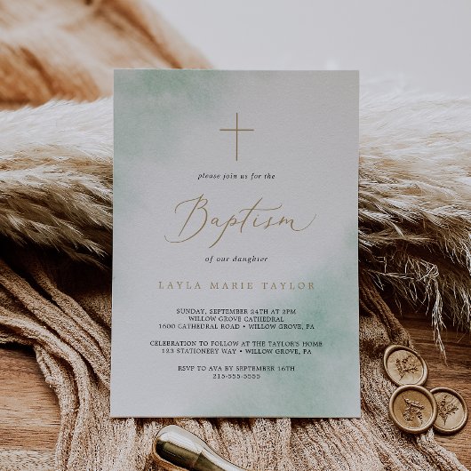 Watercolor Wash | Grüne und Goldtaufe Einladung