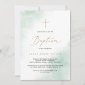 Watercolor Wash | Grüne und Goldtaufe Einladung (Vorderseite)