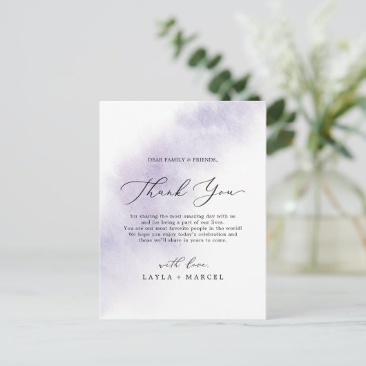 Watercolor Wash | Lila Dankeschön Empfang Card Postkarte (Stehend Vorderseite)