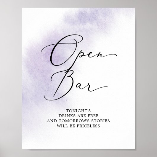 Watercolor Wash | Lila Hochzeit Open Bar Poster (Vorne)