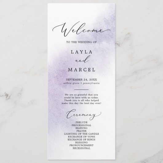 Watercolor Wash | Lila Hochzeitsprogramm Programm (Vorderseite)