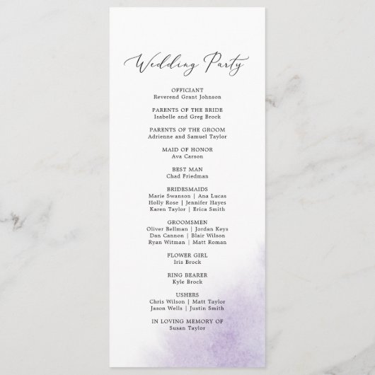 Watercolor Wash | Lila Hochzeitsprogramm Programm (Rückseite)
