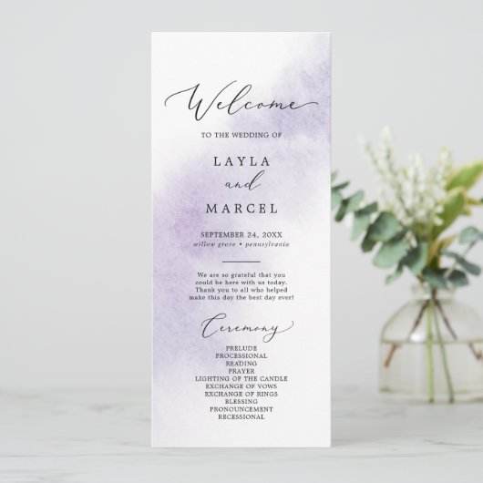 Watercolor Wash | Lila Hochzeitsprogramm Programm (Stehend Vorderseite)