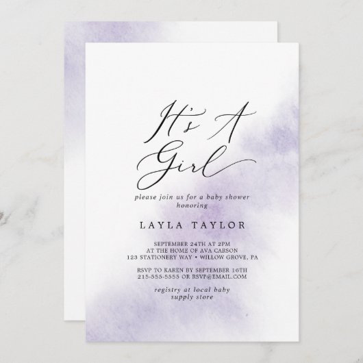 Watercolor Wash | Lila ist eine Mädchendusche. Einladung (Vorne/Hinten)