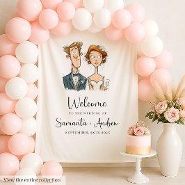 Watercolor Wedding Backdrop Bride Groom Quirky Wandteppich