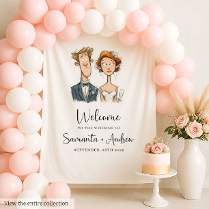 Watercolor Wedding Backdrop Bride Groom Quirky Wandteppich