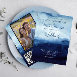 Watercolor Wedding Invitation QR Code Navy Blue  Einladung
