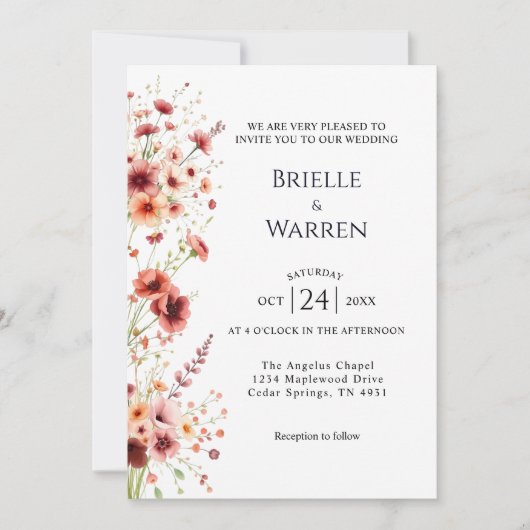 Watercolor Wedding Invitation with Wild Flowers Einladung (Vorderseite)