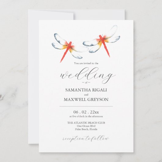 Watercolor Wedding Invitations Red Dragonflies Einladung (Vorderseite)
