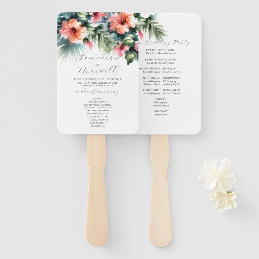 Watercolor Wedding Programs Tropical Hibisken Fächer (Vorne und Hinten)