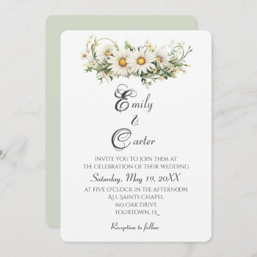Watercolor Wedding White Daisies Einladung (Vorne/Hinten)