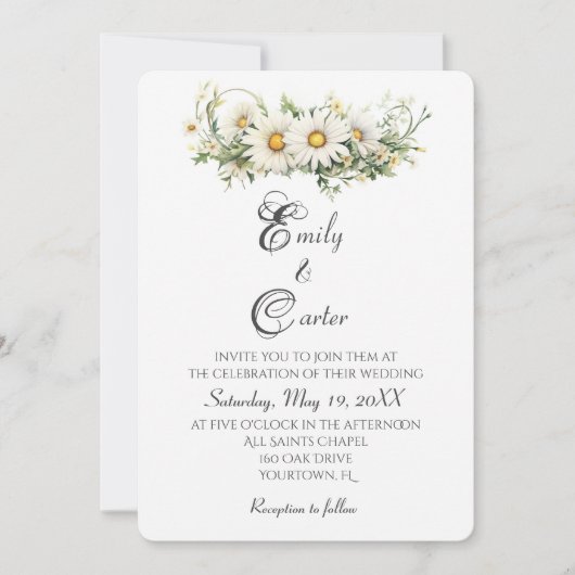 Watercolor Wedding White Daisies Einladung (Vorderseite)