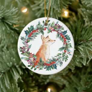 Watercolor-Weihnachten im Wald mit Fuchs Keramik Ornament