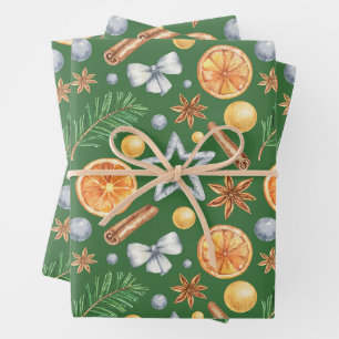 Watercolor Weihnachten Orange Gewürz, Immergrün  Geschenkpapier Set