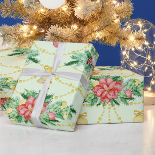 Watercolor-Weihnachten Rote Poinsettie, Ornamente  Geschenkpapier