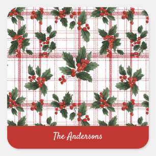 Watercolor Weihnachten Stechpalmen-Beeren-Karo Fam Quadratischer Aufkleber