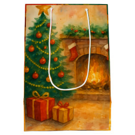 Watercolor-Weihnachtsbaum & gemütlicher Kamin Urla Mittlere Geschenktüte