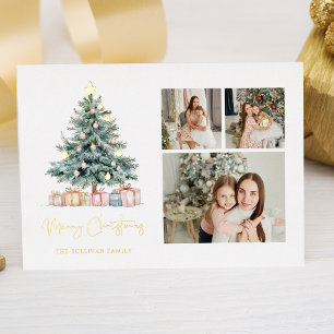 Watercolor-Weihnachtsbaum-Kalligrafie Drei Fotos Folien Feiertagskarte