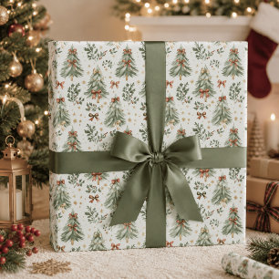 Watercolor-Weihnachtsbaum & Schleifen-Geschenkpapi Geschenkpapier