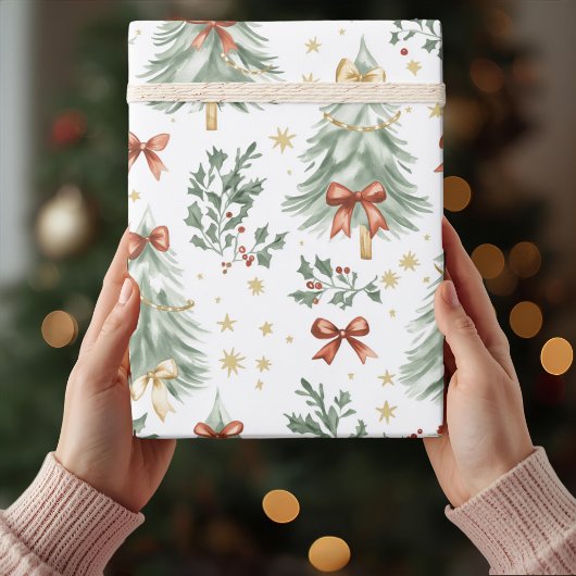 Watercolor-Weihnachtsbaum & Schleifen-Geschenkpapi Geschenkpapier