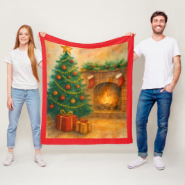 Watercolor-Weihnachtsbaum und gemütlicher Kamin -  Fleecedecke