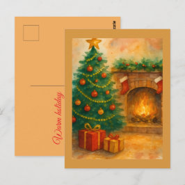 Watercolor-Weihnachtsbaum und gemütlicher Kamin -  Postkarte